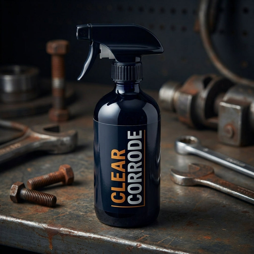 Clear Corrode Professional Rust Remover - spray bottle on workshop bench